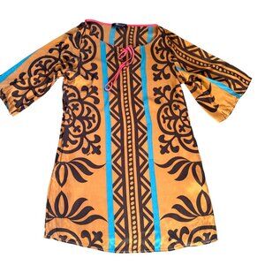 Hale Bob Women's Tunic Dress Sz Orange Brown Printed Pockets Silk Blend Boho